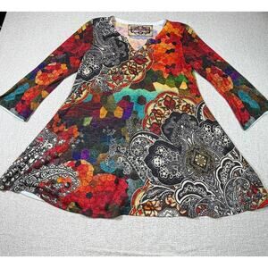 AMMA Women Medium Red Orange Geometric Print Lagen Look Tunic Shirt Top